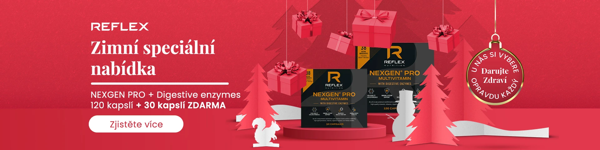 Zimní akce Reflex: K oblíbenému multivitamínu a multiminerálu Nexgen® PRO s enzymy 120 kapslí od nás obdržíte balení 30 kapslí zdarma jako dárek.